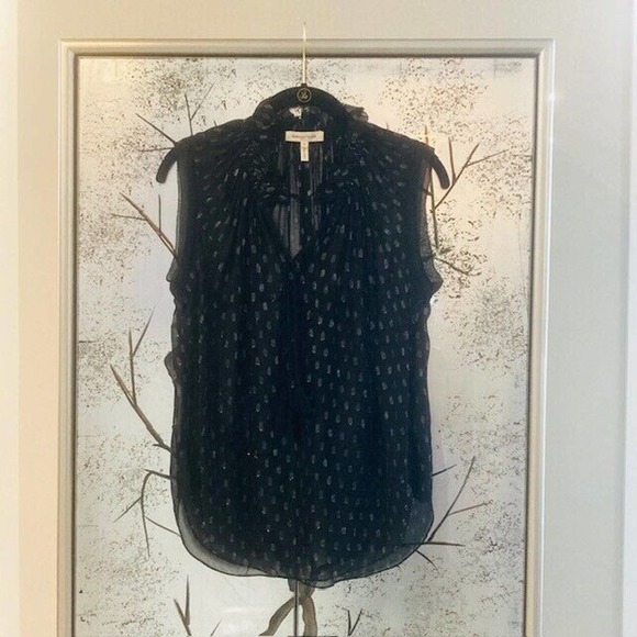 Rebecca Taylor $298 Women's 0 XS Black Metallic Print Ruffle Tie Neck Blouse - Picture 2 of 9